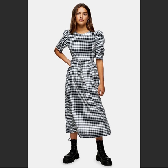 NWT Topshop PETITE Gingham Cross Back Smock Midi - Picture 1 of 4